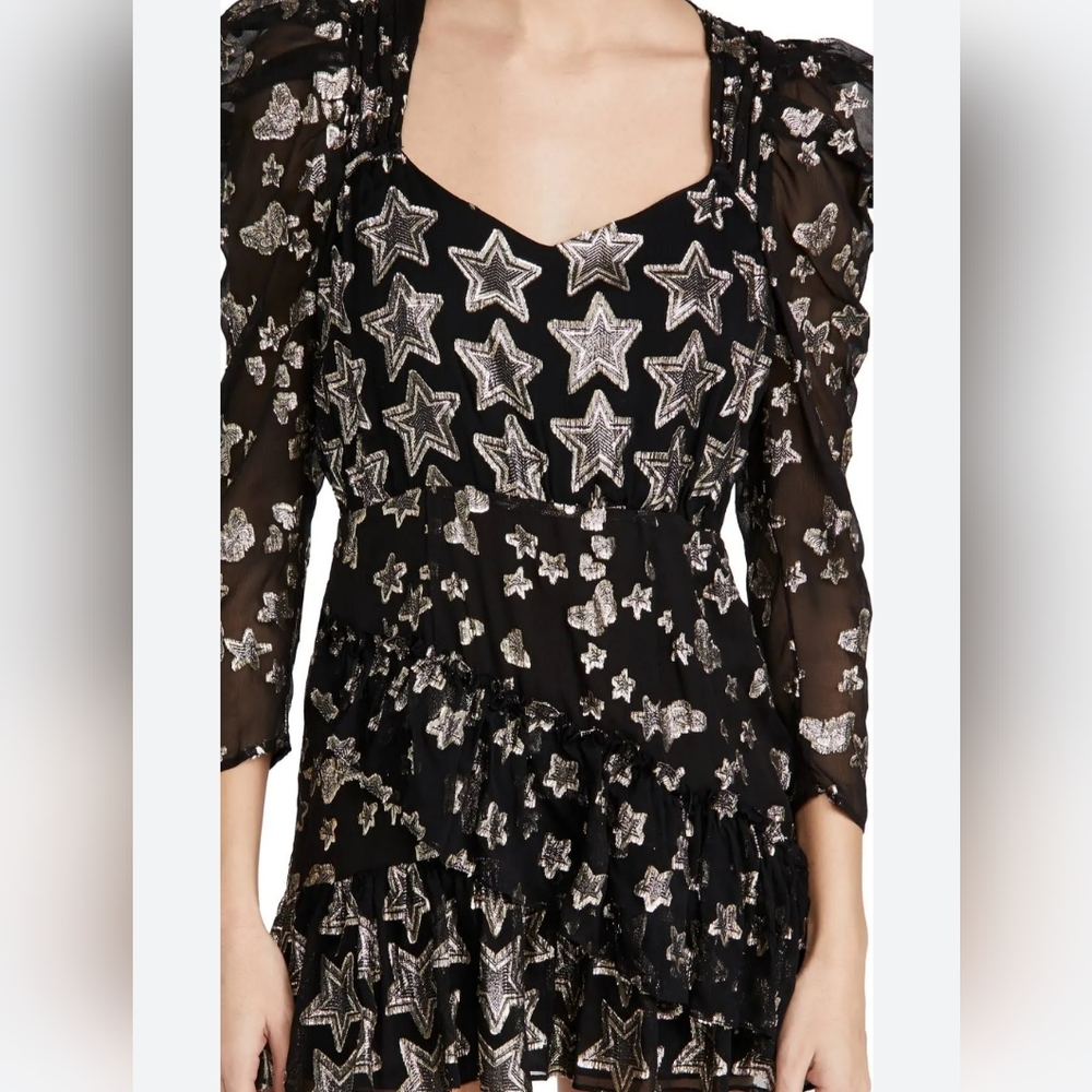 LoveShackFancy Caden in Black Metallic Star Silk Puff-Sleeve Mini Dress 2